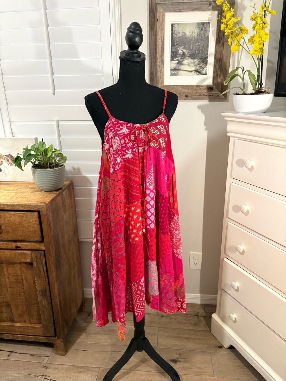 Jaded Gypsy Boho Patchwork Midi Dress in Red & Pink, S/M